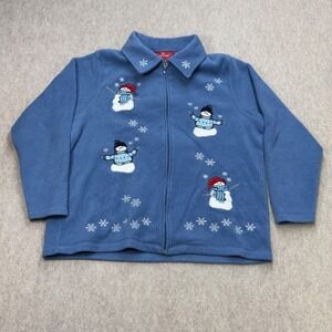 Snowman Winter Christmas Fleece Jacket Womens 1X Blue Grandmacore Holiday Lodge